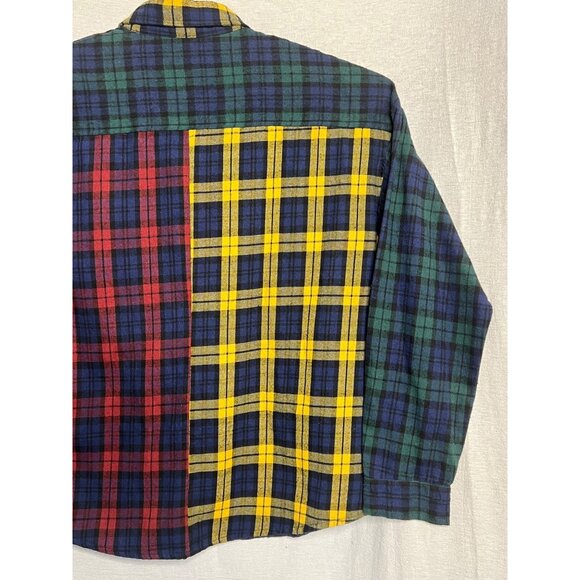 Mens Patchwork Plaid Button-Up Shirt Multicolor Design Long Sleeve XL flaw - Picture 6 of 16